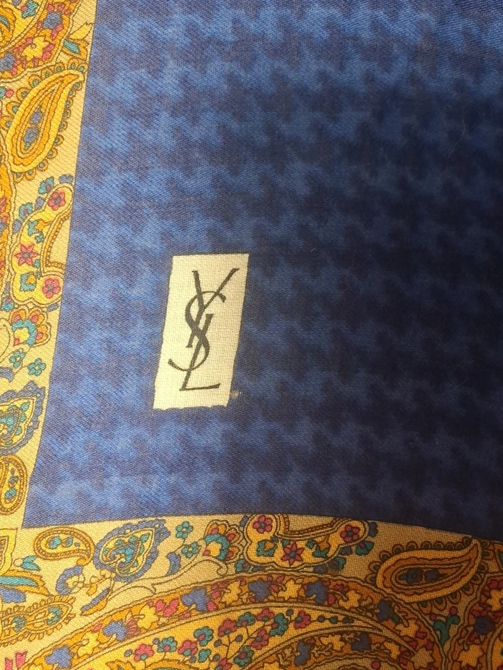 Yves Saint Laurent Blue and Yellow Paisley Silk Scarf